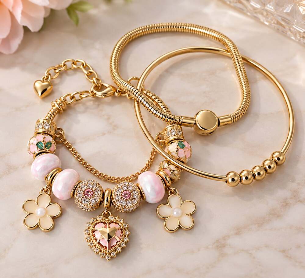 🌸 Pandora Style Pink & Gold Charm Bracelet Set 🌸